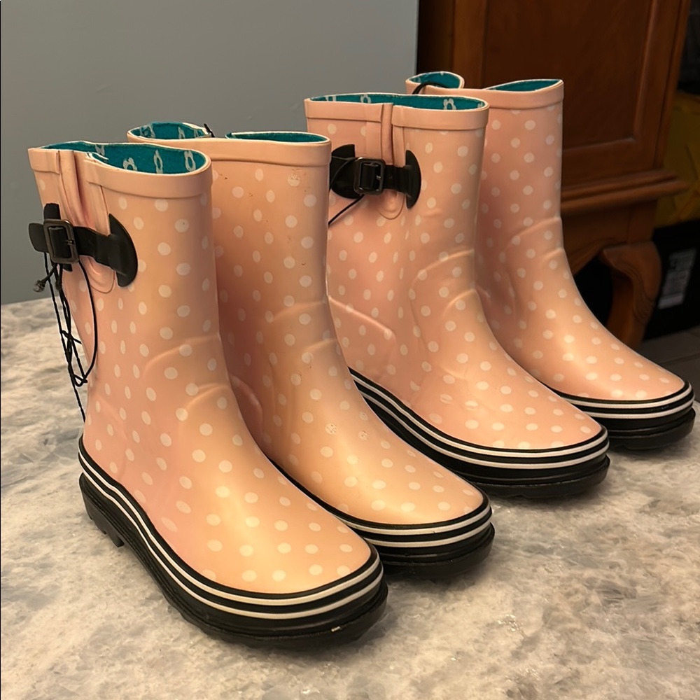 Girls Black and Pink White Polka Dot Rain Boots Platform Sole Size 13 Two Pairs - Picture 11 of 14